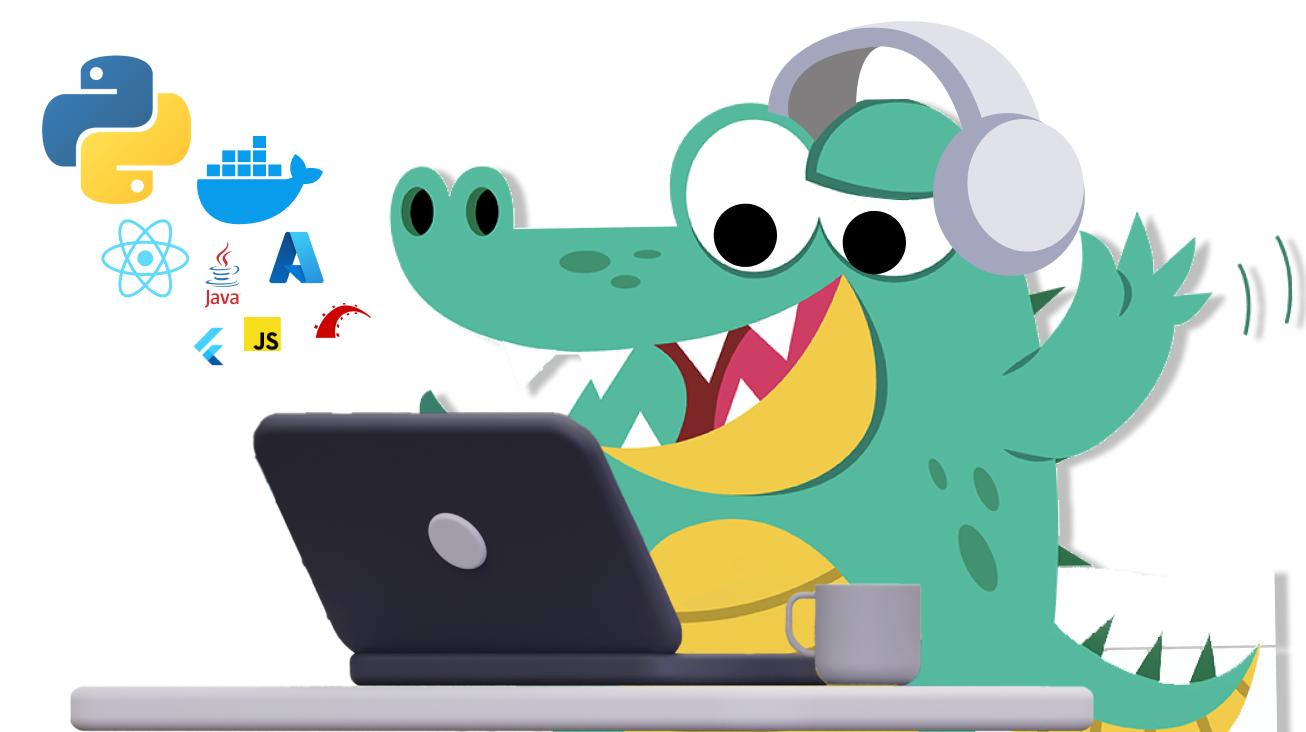 Cody con audífonos usando una laptop, rodeado de íconos de tecnologías.