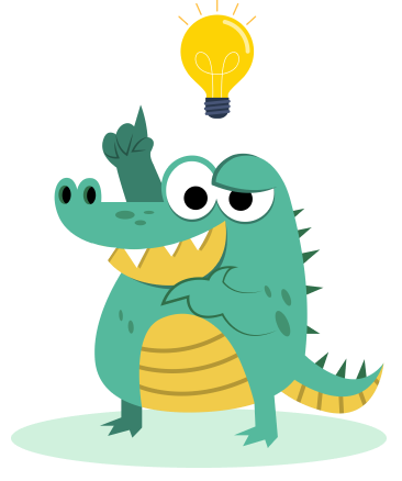 Cody el cocodrilo con una bombilla sobre su cabeza, como si estuviera teniendo una idea.